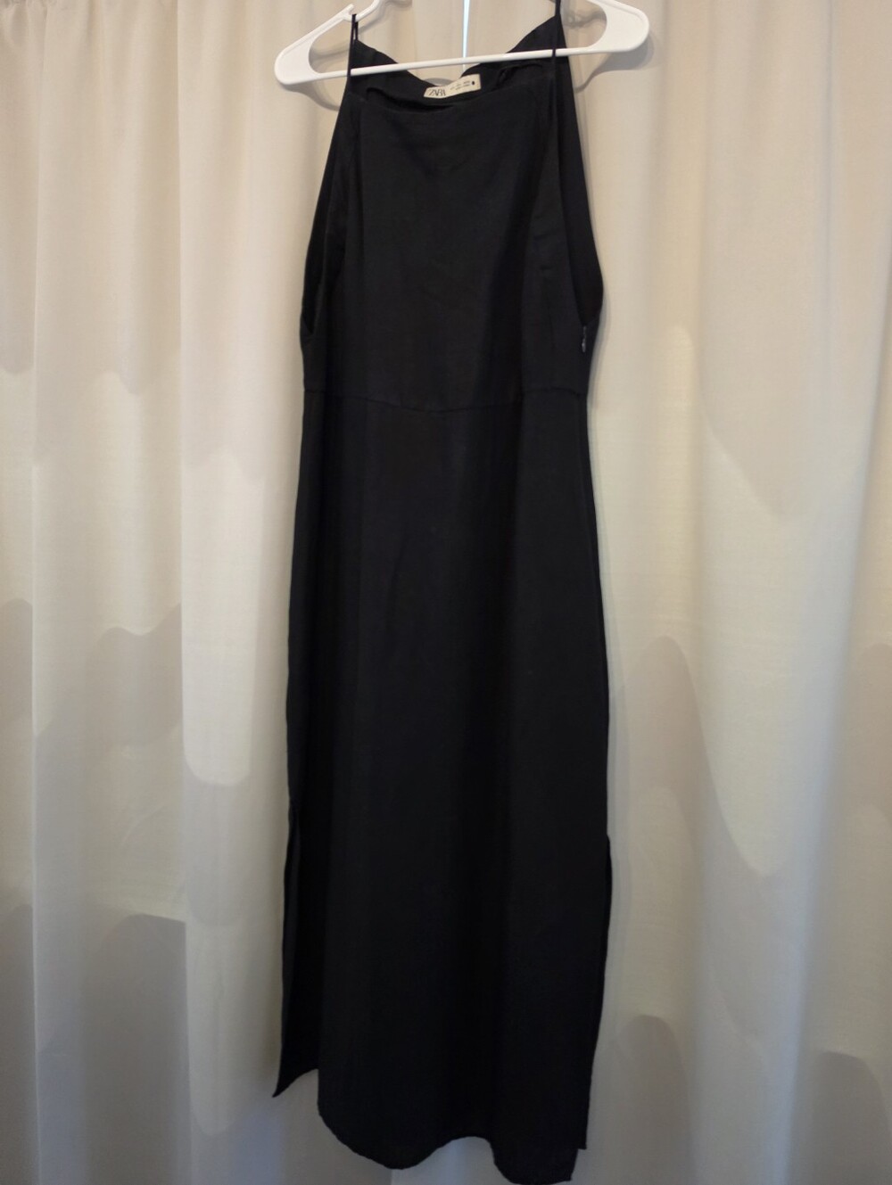 Zara Black Linen Halter Maxi Dress with Side Slit - Size L